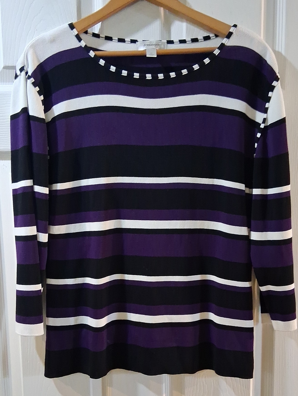 Dress Barn Purple Black White Striped 3/4 Sleeve Top